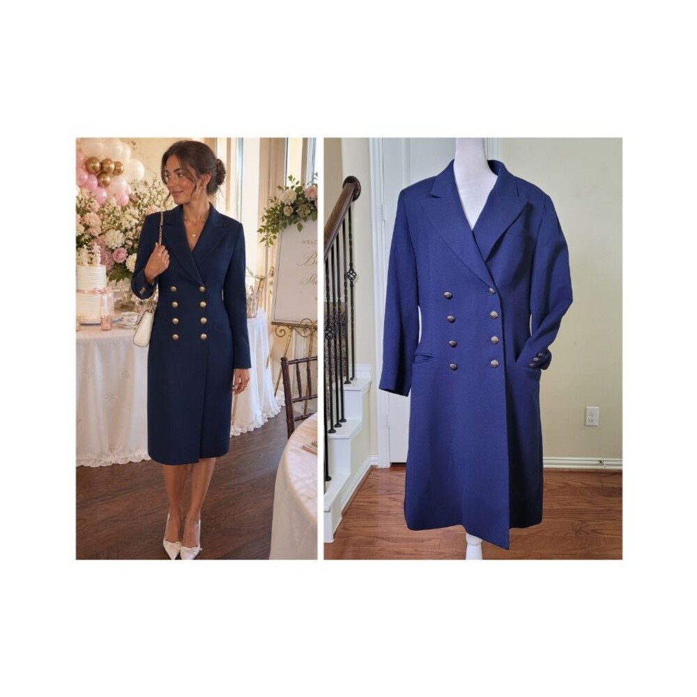 Vintage Jones New York 100% Wool Double Breasted Coat Dress 10 Blue Gold Button